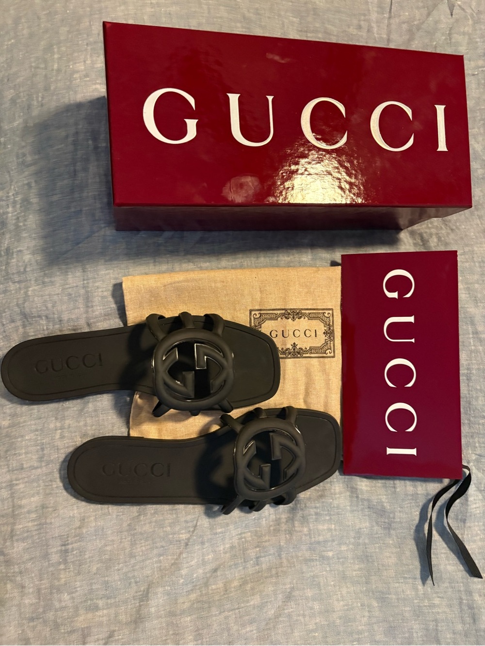 Gucci Palma GG Rubber Flat Slide Sandals, Black, Size 9